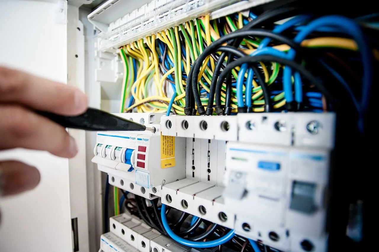 Elektryk sprawdza rozdzielnicę z przewodami ochronnymi PE